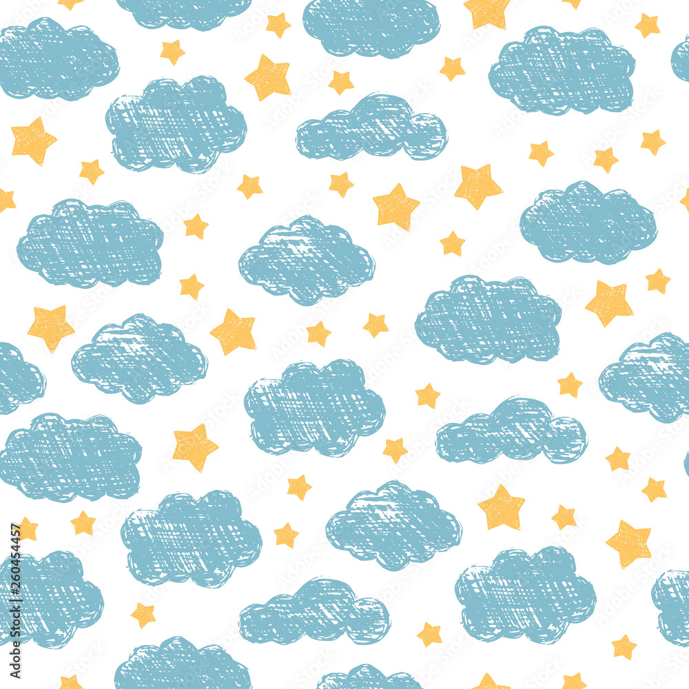 Obraz premium Seamless pattern with blue clouds and yellow stars