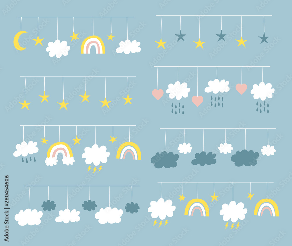 Cute garlands with clouds, stars, rainbows, hearts. Baby vector illustration. Cute garlands with clouds, stars, rainbows, hearts. Baby vector illustration.