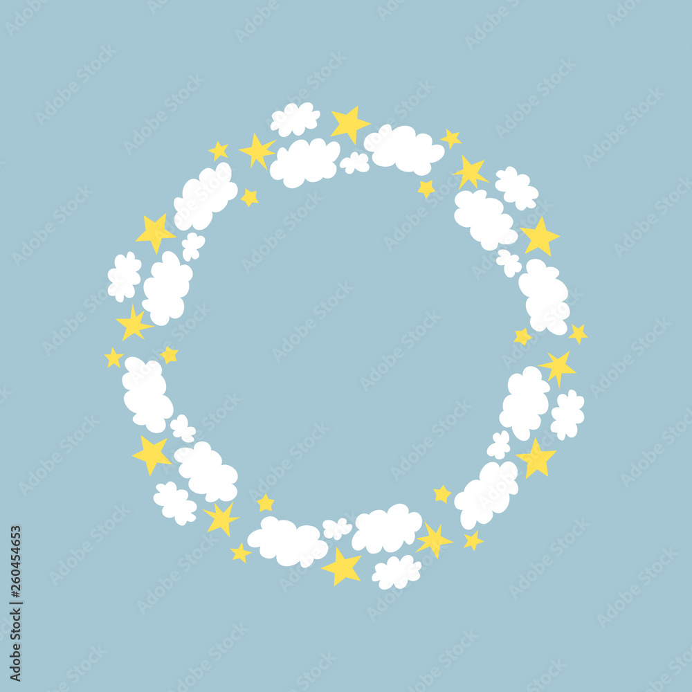 Cute frame with clouds and stars. Vector. Isolated.