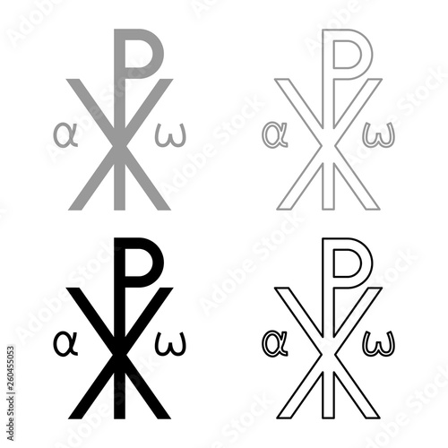 Crismon symbol Cross monogram Xi Hi Ro Konstantin Symbol Saint Pastor sign Religious cross Alfa Omega icon set black color vector illustration flat style image