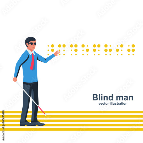 Blind man with a white cane on street. Vector illustration flat design. Signs for blind reading. Isolated on white background. Special sidewalk for the disabled. Road with yellow tips.
