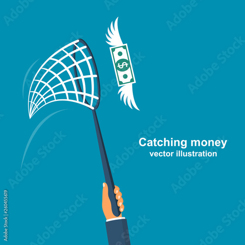 Chasing money concept. Businessman trying to catch flying money. Business metaphor. Vector illustration flat design. Isolated on white background.
