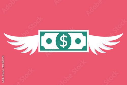 Fly dollar. Money flying with wings. Metaphor of spending money. Vector illustration flat design. Isolated on background. Fast away banknote.
