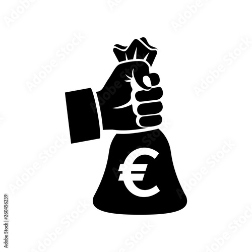 Black silhouette hand holding money bag with euro. Bag with money. Big earnings. Earning money concept. Banking investment deposit. Vector illustration flat style. Isolated on white background.