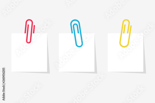 Colored paperclip with blank white notepaper. White sheet for your message or adding more text. Vector illustration flat design. Isolated on white background. Template for memo. Notebook space.