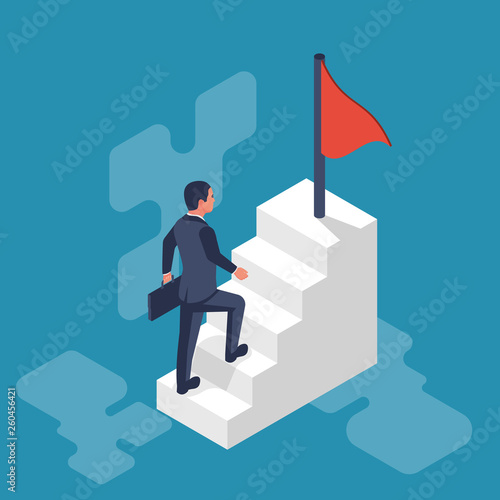 Purposeful businessman on stairs goes to flag. Beginning of way to achievement of goal. Mission climb to mountain. Purpose concept. Vector illustration isometric design. Aspirational people. 