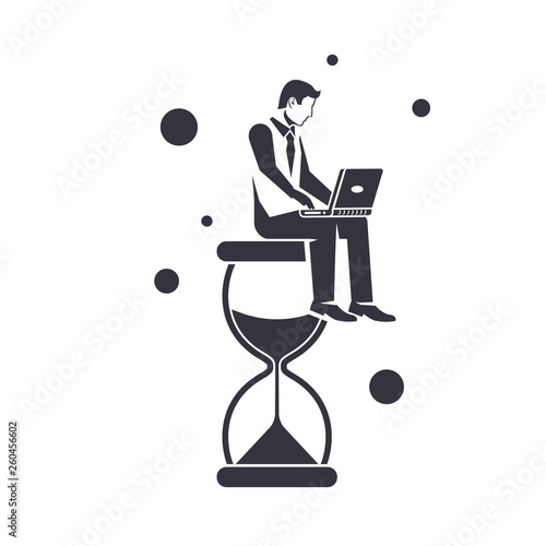 Time management control black icon. Vector illustration flat design. Isolated background. Silhouette businessman with laptop sitting working sitting on big hourglass. Pictogram organization of process