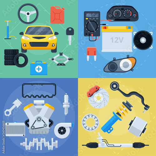 Big set of car repair service and spare parts icons. Electronics, engine, brakes, tyres and everything for car maintenance. Flat vector colorful illustrations