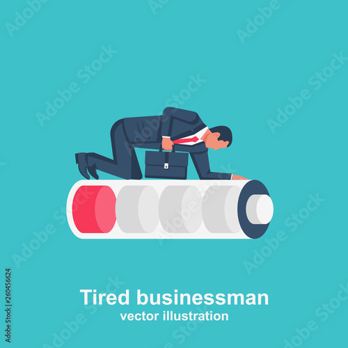 Tired businessman. Overworked human lies on a low battery. Vector illustration flat design. Isolated on background. Office work place. Fatigue from job.