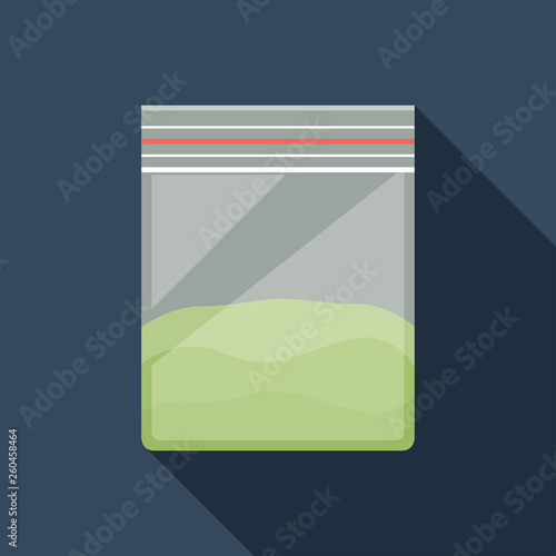 Vector colorful illustration of transparent plastic ziplock or zipper bag with marijuana drugs or something else inside. Cartoon flat icon