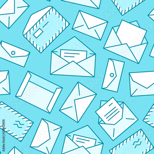 Seamless pattern with envelopes flat line icons. Mail background, message, open envelope with letter, email vector illustrations. Blue white thin signs for mailing list, post office