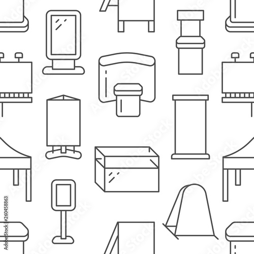 Advertising exhibition banner stands, display seamless pattern with flat line icons. Billboard, folding marquees, promo counter, showcase vector illustration. Trade objects thin linear signs