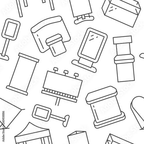 Advertising exhibition banner stands, display seamless pattern with flat line icons. Billboard, folding marquees, promo counter, showcase vector illustration. Trade objects thin linear signs