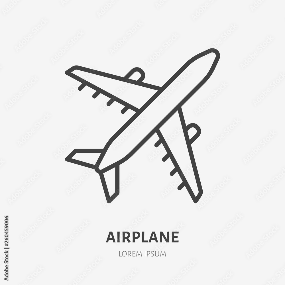 Airplane flat line icon. Plane vector illustration. Thin sign for jet, air craft cargo shipping, airlines logo Airplane flat line icon. Plane vector illustration. Thin sign for jet, air craft cargo shipping, airlines logo