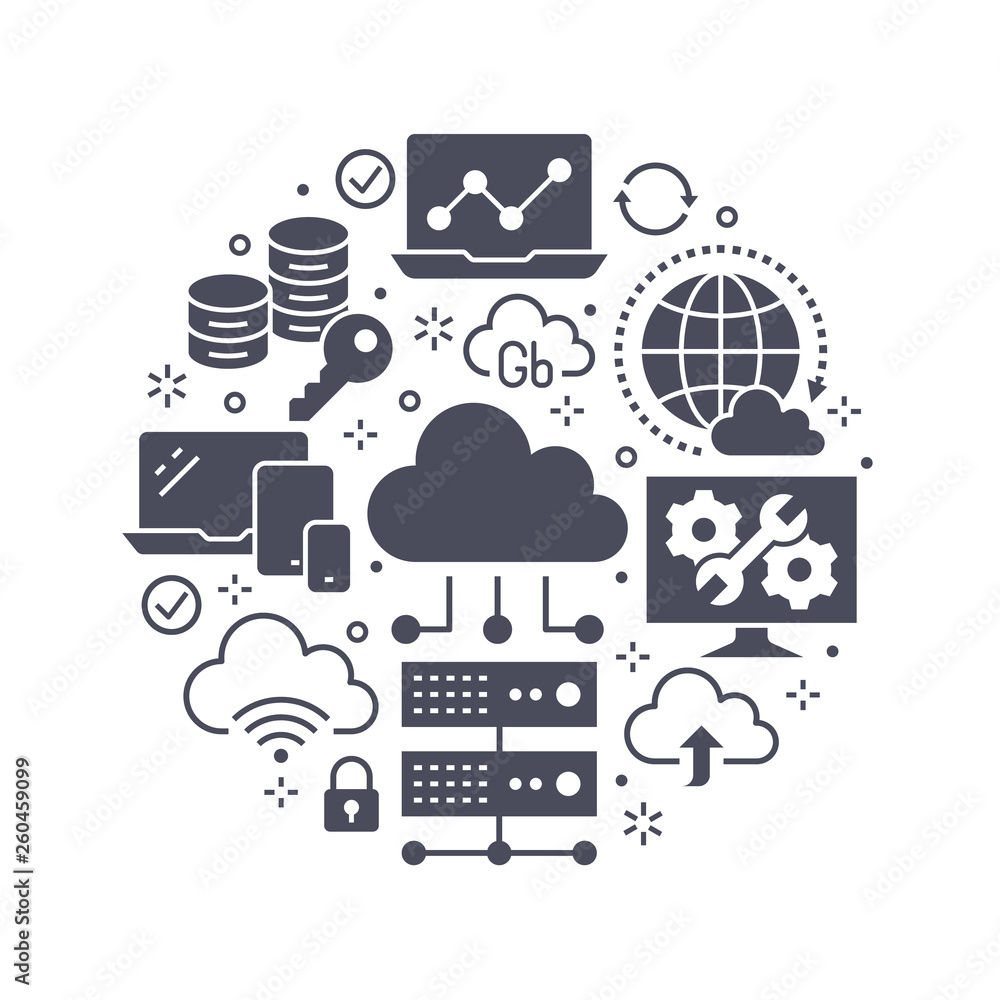 Cloud data storage circle poster with flat glyph icons. Database ...