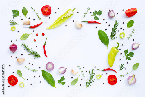 Fototapeta Naklejka Na Ścianę i Meble -  Various fresh vegetables and herbs on white. Healthy eating concept