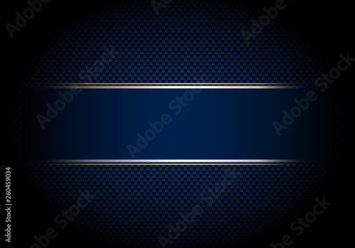 Carbon fiber background and texture and lighting with blue label and silver, gold line. Luxury style. Material wallpaper for car tuning or service.