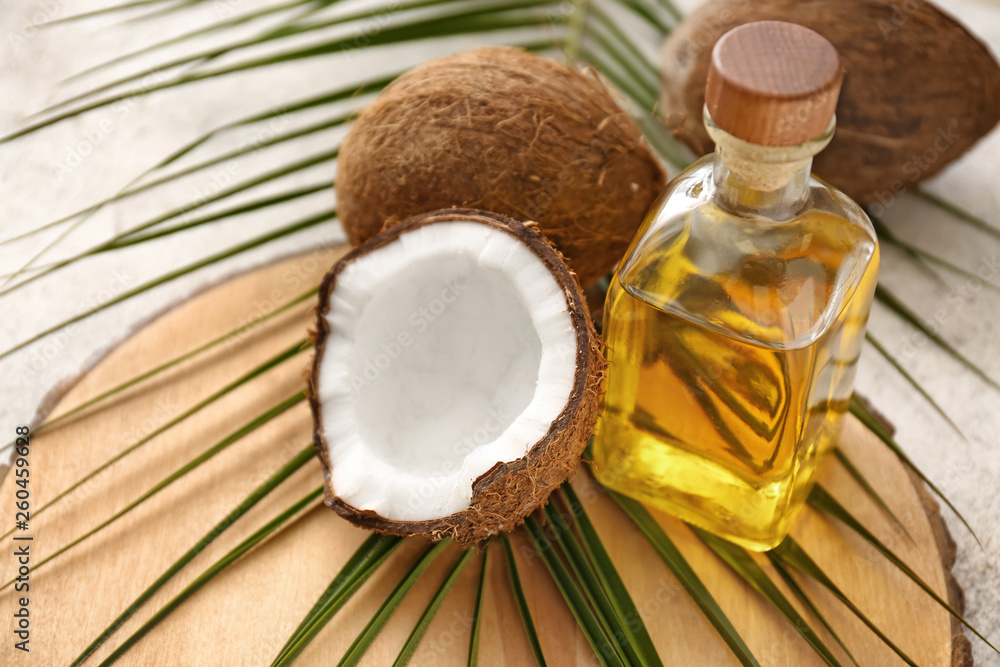 Composition with coconut oil on table Composition with coconut oil on table