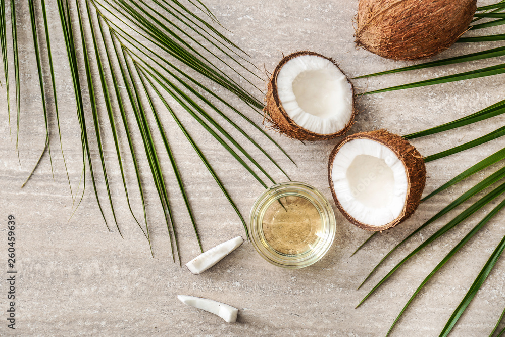 Composition with coconut oil on table Composition with coconut oil on table