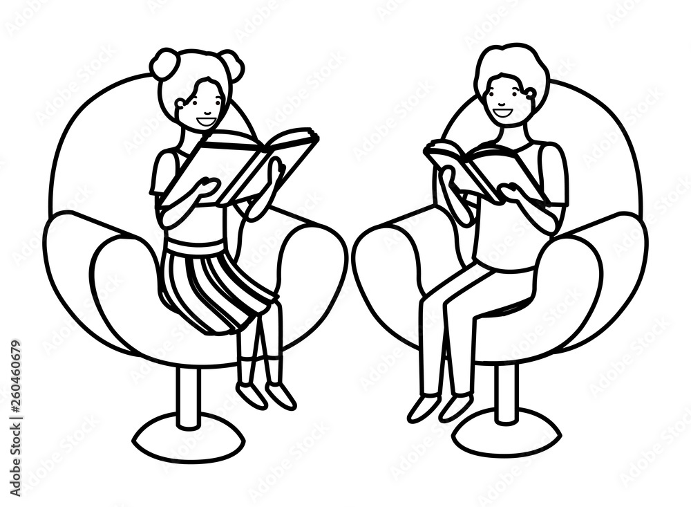 couple of children sitting in sofa with book avatar character couple of children sitting in sofa with book avatar character