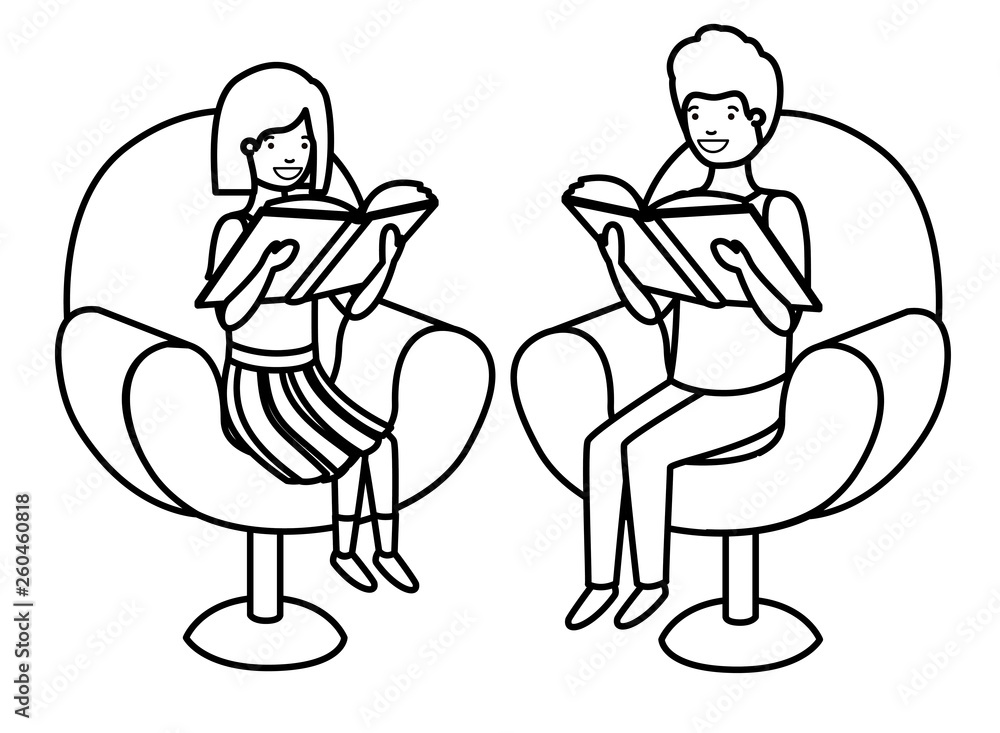 couple of children sitting in sofa with book avatar character couple of children sitting in sofa with book avatar character