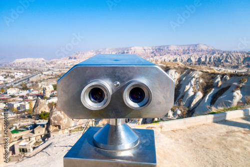 Bild auf Leinwand Stationary binoculars or binoscope on the viewing platform aimed at the mountains of Cappadocia, Turkey
