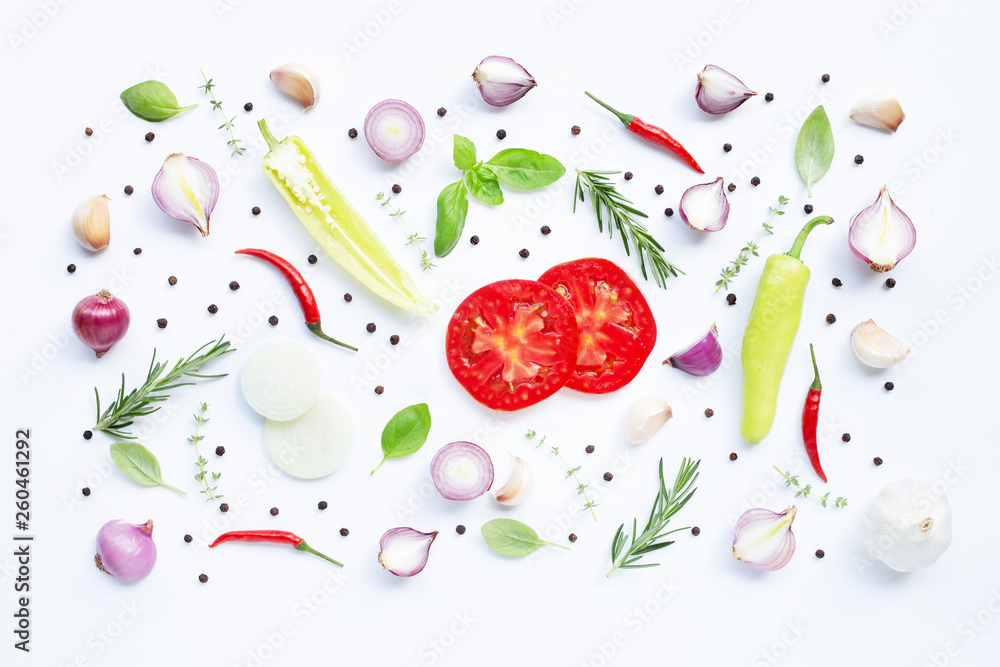 Various fresh vegetables and herbs on white background. Healthy eating concept Various fresh vegetables and herbs on white background. Healthy eating concept
