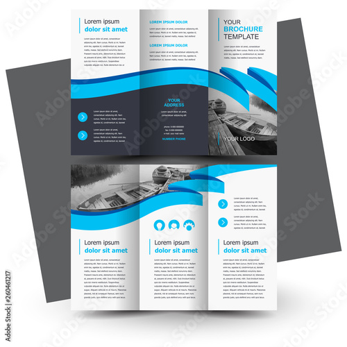  Business Tri-fold brochure template, creative leaflet, trend cover ribbon, blue color