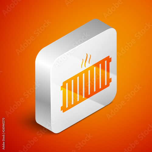 Isometric Heating radiator icon isolated on orange background. Silver square button. Vector Illustration