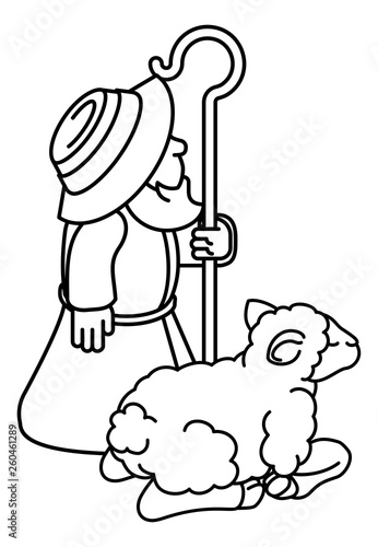 A cartoon traditional shepherd and sheep or lamb