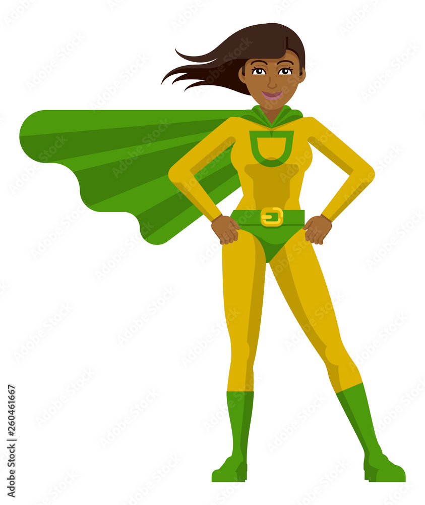 Vecteur Stock An Asian superhero cartoon mascot woman in her green and  yellow super hero costume compete with cape in a flat modern cartoon style  | Adobe Stock