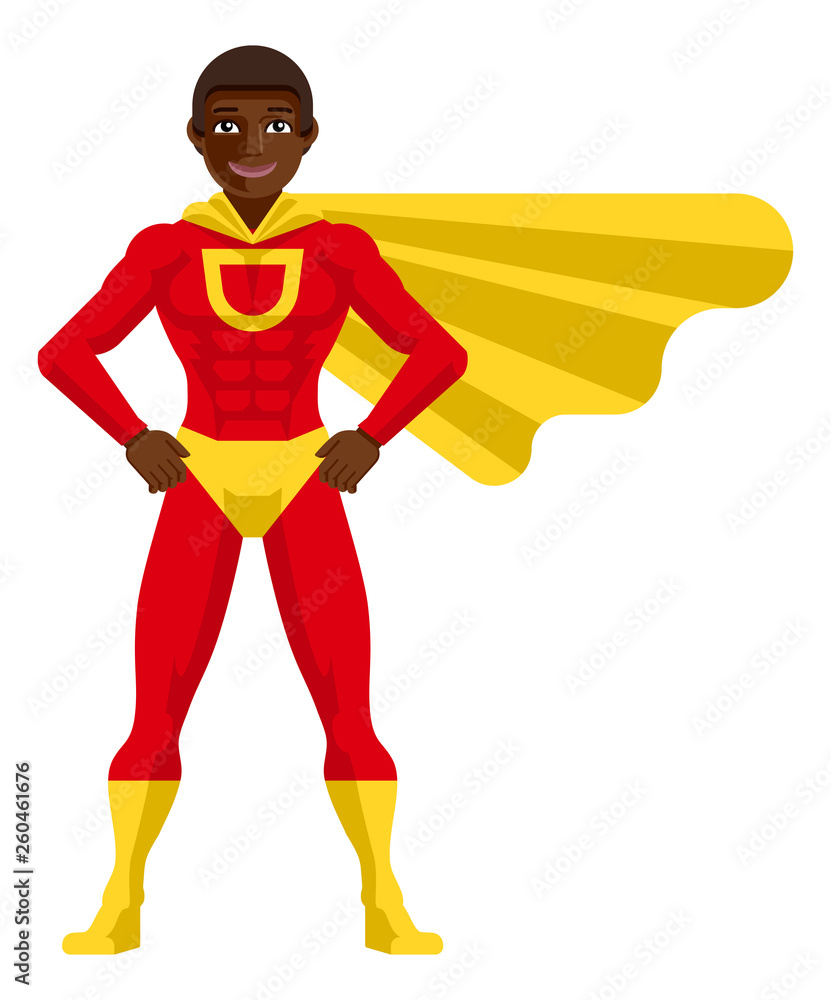 A black superhero cartoon mascot man in his red and yellow super hero  costume compete with cape in a flat modern cartoon style Stock Vector |  Adobe Stock