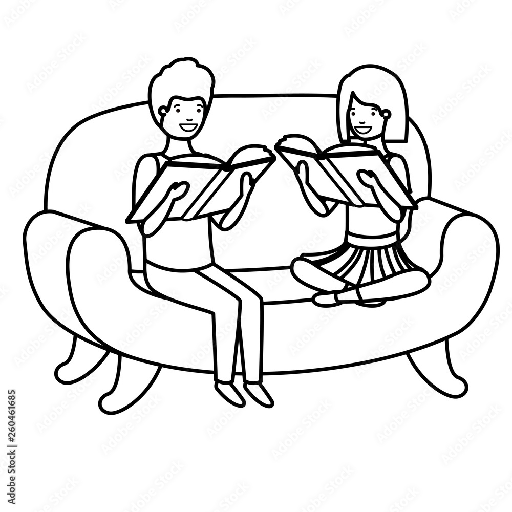 couple of children sitting in sofa with book avatar character couple of children sitting in sofa with book avatar character