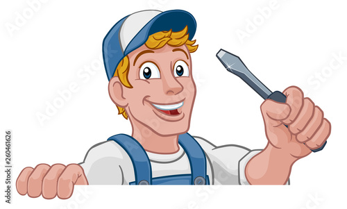 Electrician handyman man handy holding electricians screwdriver tool cartoon construction mascot. Peeking over a sign