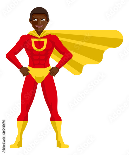 A black superhero cartoon mascot man in his red and yellow super hero costume compete with cape in a flat modern cartoon style