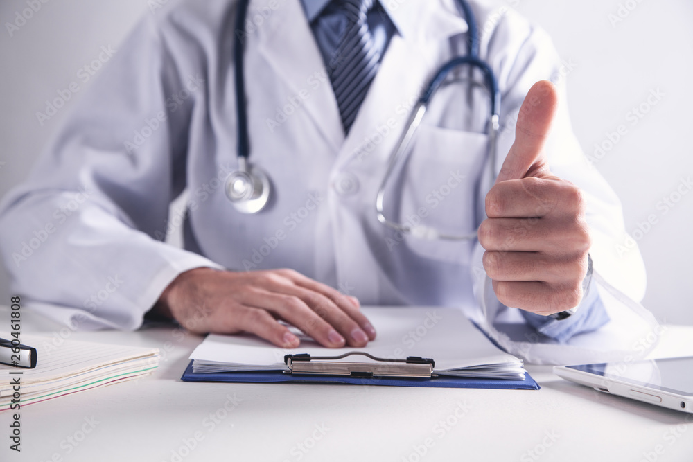 Fototapeta premium Medicine doctor show OK sign with thumb up.