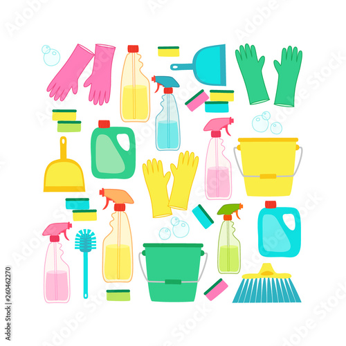 Cute spring cleaning utensils background in vivid eye catching colors