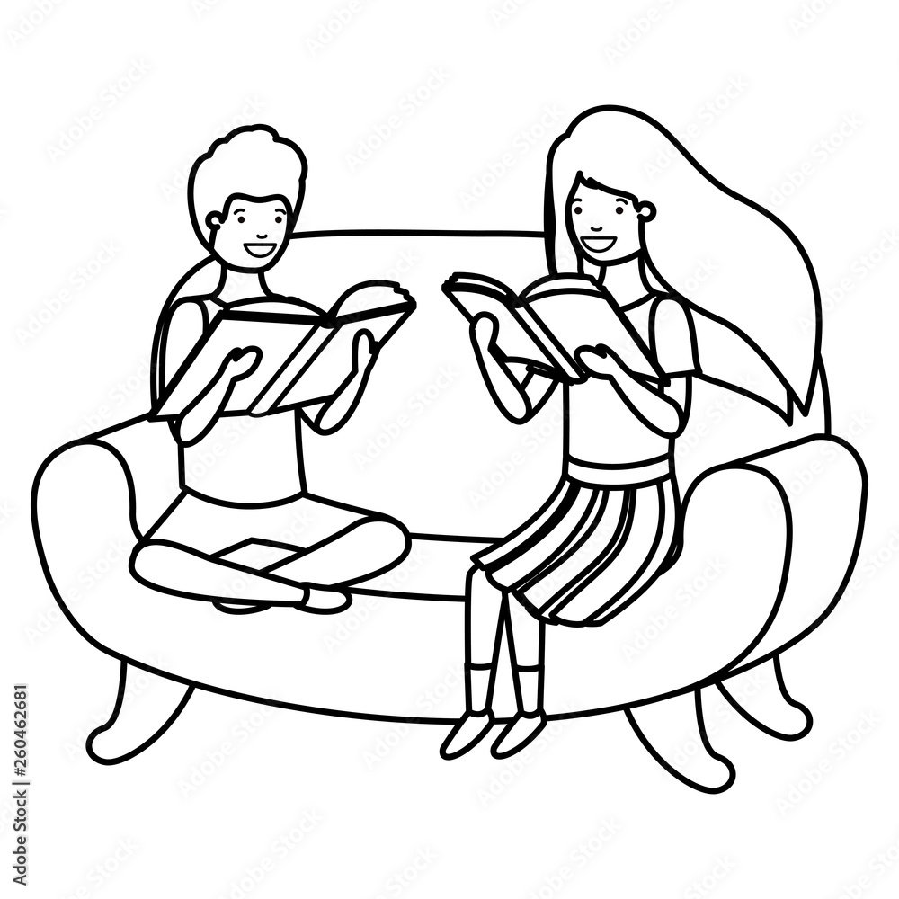 couple of children sitting in sofa with book avatar character couple of children sitting in sofa with book avatar character