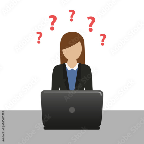 business woman on the laptop has many questions vector illustration EPS10