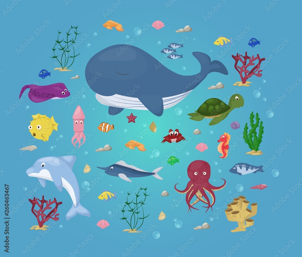 Sea animals vector water plants ocean fish cartoon illustration undersea water  marine aquatic character life. Stock Vector | Adobe Stock