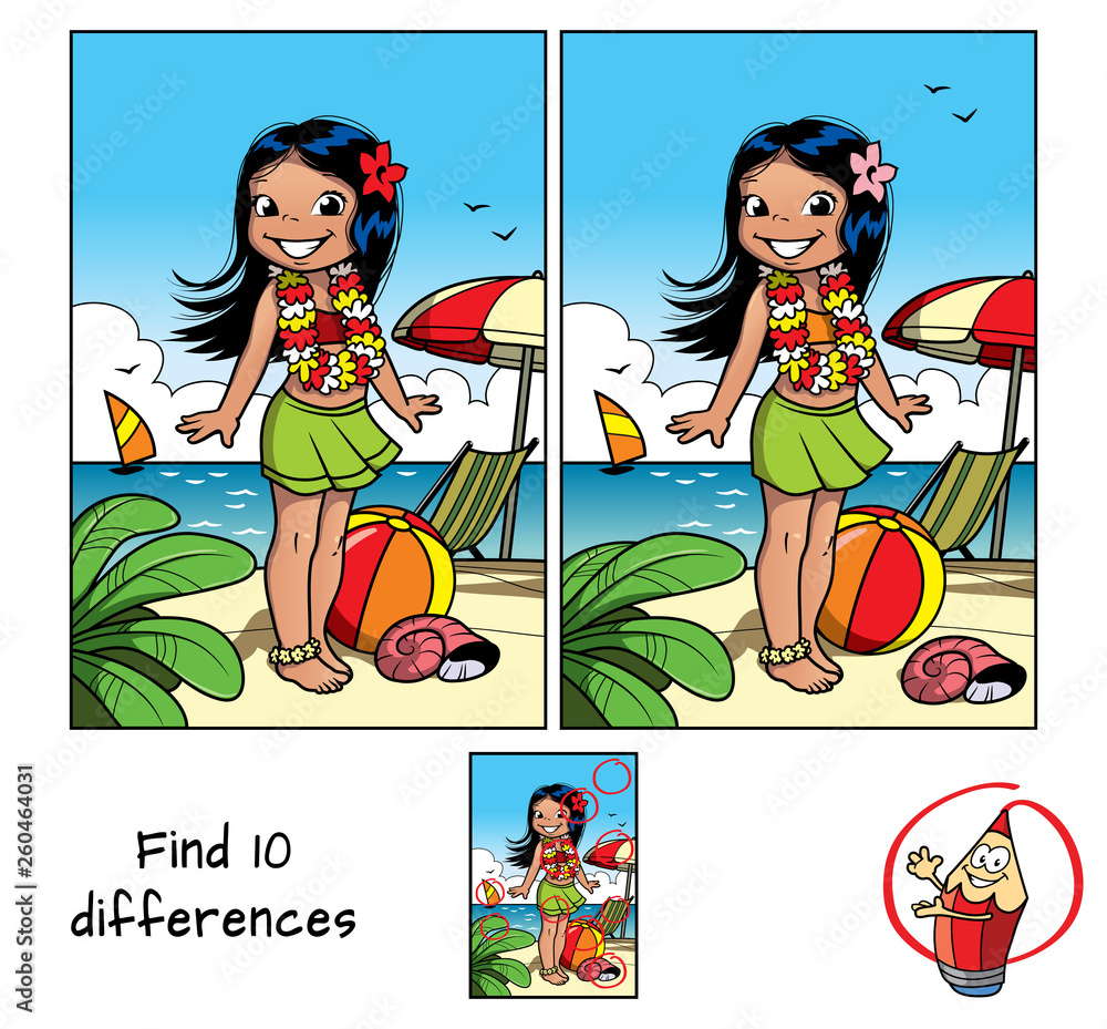 Little hula girl at the beach wearing a Hawaiian garland. Find 10  differences. Educational matching game for children. Cartoon vector  illustration Stock Vector | Adobe Stock