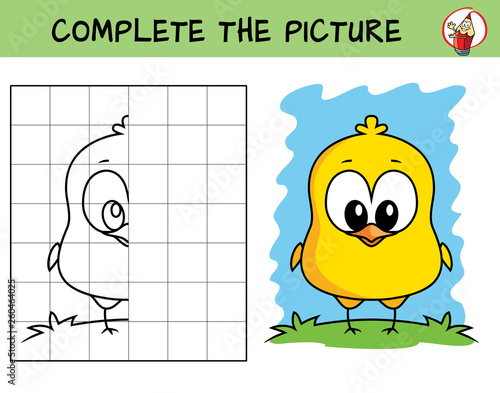 Complete the picture of a funny chicken. Copy the picture. Coloring book. Educational game for children. Cartoon vector illustration