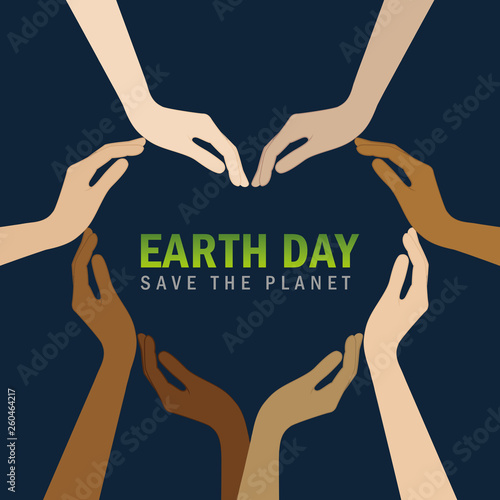 human hands with different skin colors form a heart for earth day vector illustration EPS10