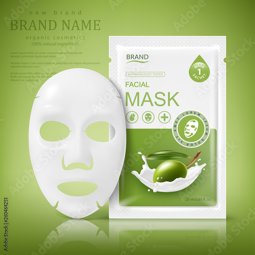 Facial sheet mask sachet package. Vector realistic illustration isolated on green background. Beauty product packaging design templates