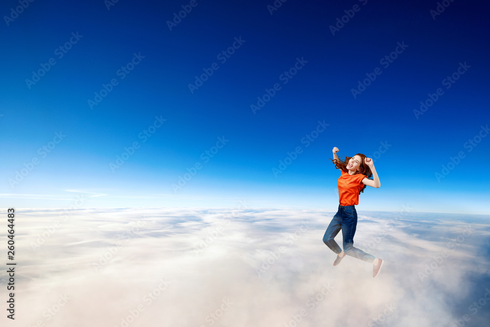 Young woman failed and falling down in clouds sea.
