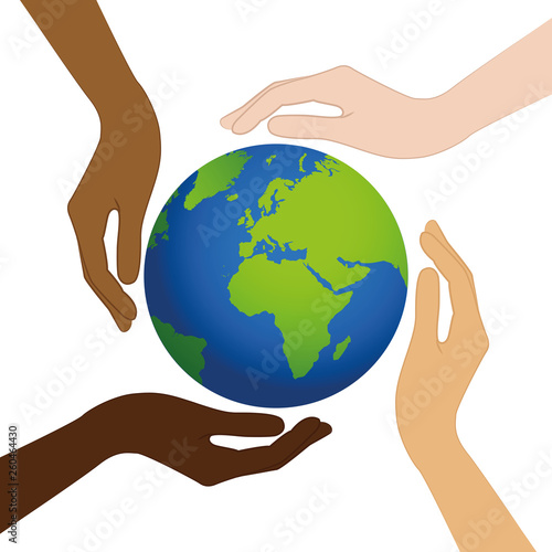 planet earth in the middle of human hands with different skin colors vector illustration EPS10