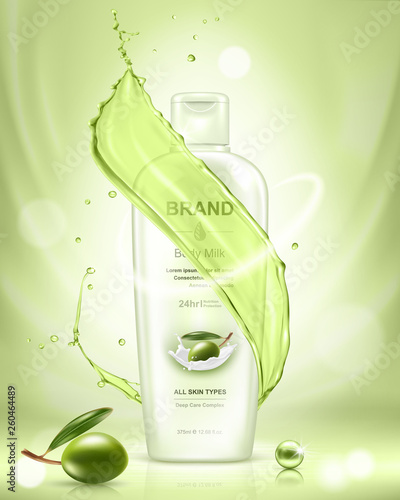 Realistic cosmetic bottle and green olive. Cosmetic container for cream, lotion, shampoo, gel, balsam. Vector Illustration