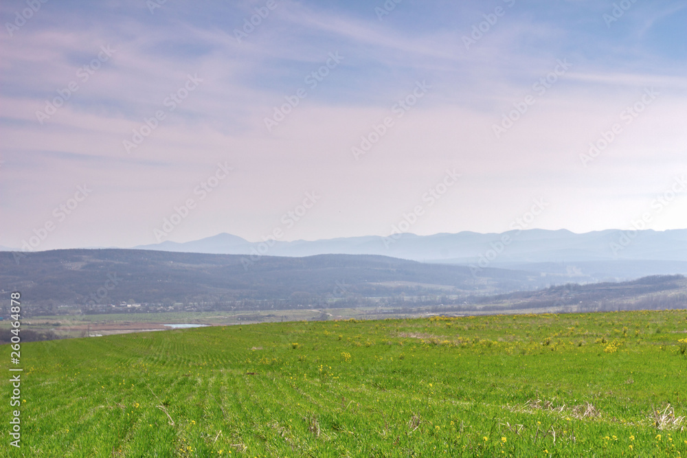 green field on a background of mountains and blue sky