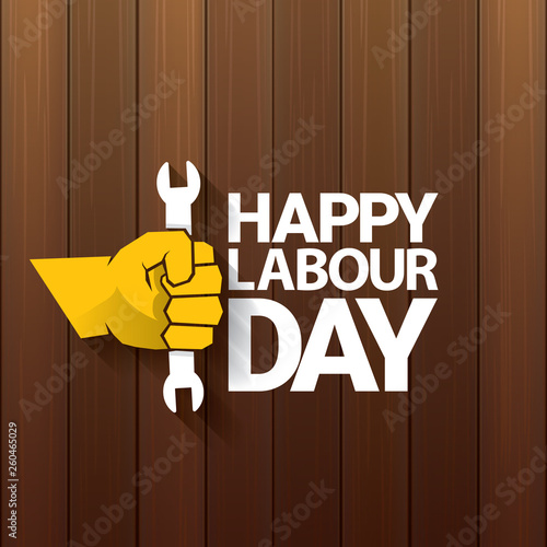 Happy labour day vector label with strong orange fist on wooden background. vector happy labor day background or banner with man hand. workers may day poster