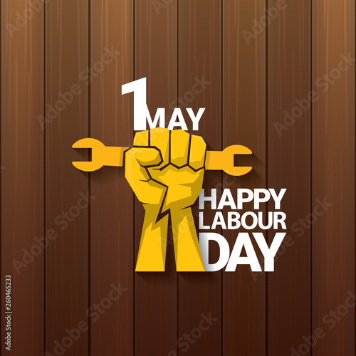 Happy labour day vector label with strong orange fist on wooden background. vector happy labor day background or banner with man hand. workers may day poster